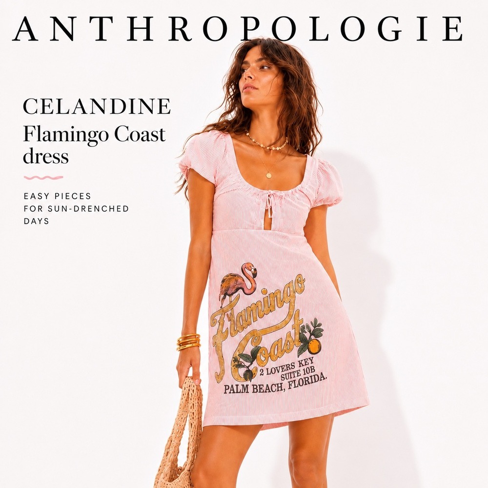 Anthropologie Pink Striped Flamingo Coast Mini Dress L Seersucker Puff Sleeve L